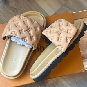 Louis Vuitton Beige Quilted Logo Slide Sandals